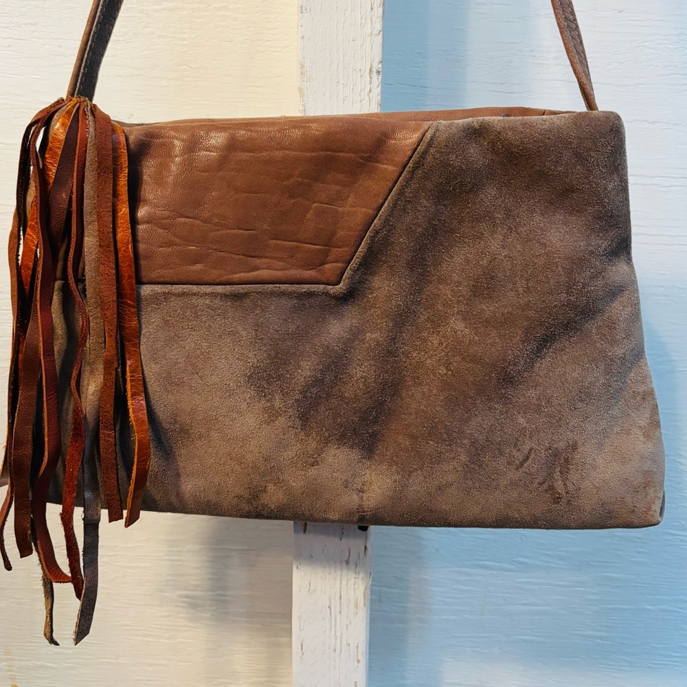 Handmade taupe gray brown suede messenger bag with fringe